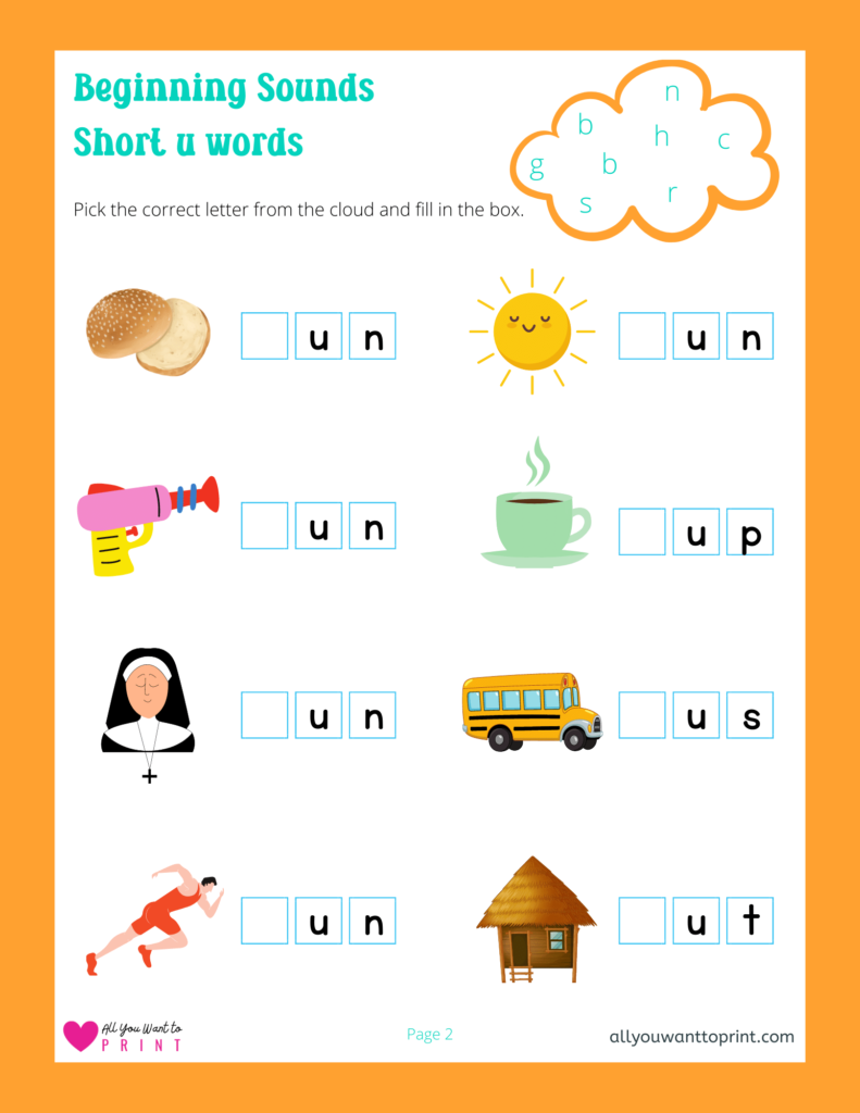 beginning sounds worksheet - 3 letter short u words - free printable for kids pdf download