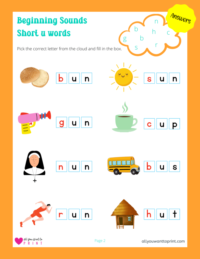 beginning sounds worksheet - 3 letter short u words - free printable for kids pdf download