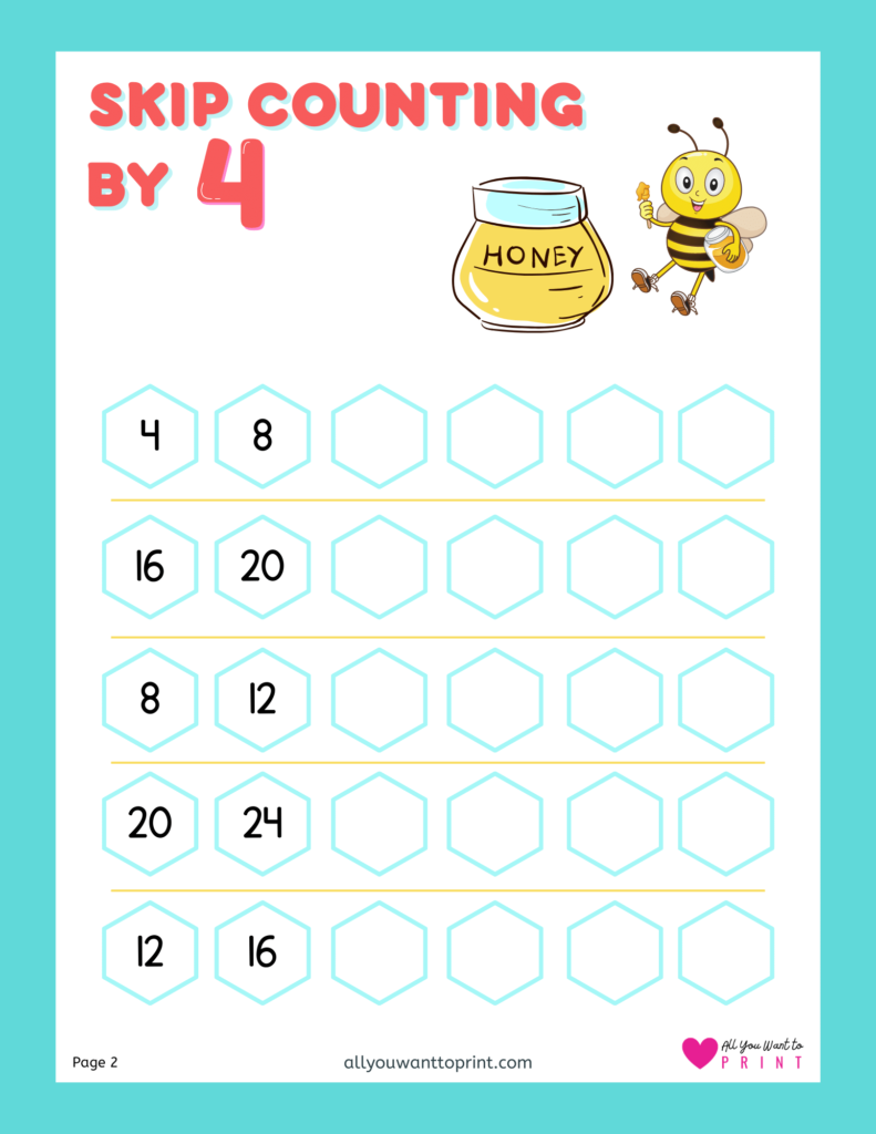 skip counting by 4 free math worksheets printable pdf download for kindergarten, elementary kids and homeschooling