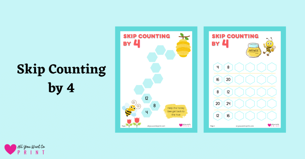 skip counting by 4 free math worksheets printable pdf download for kindergarten, elementary kids and homeschooling