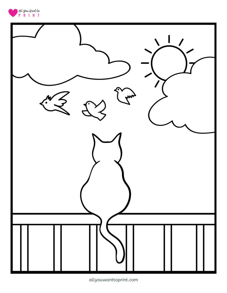 cat bird watching kids animal coloring page