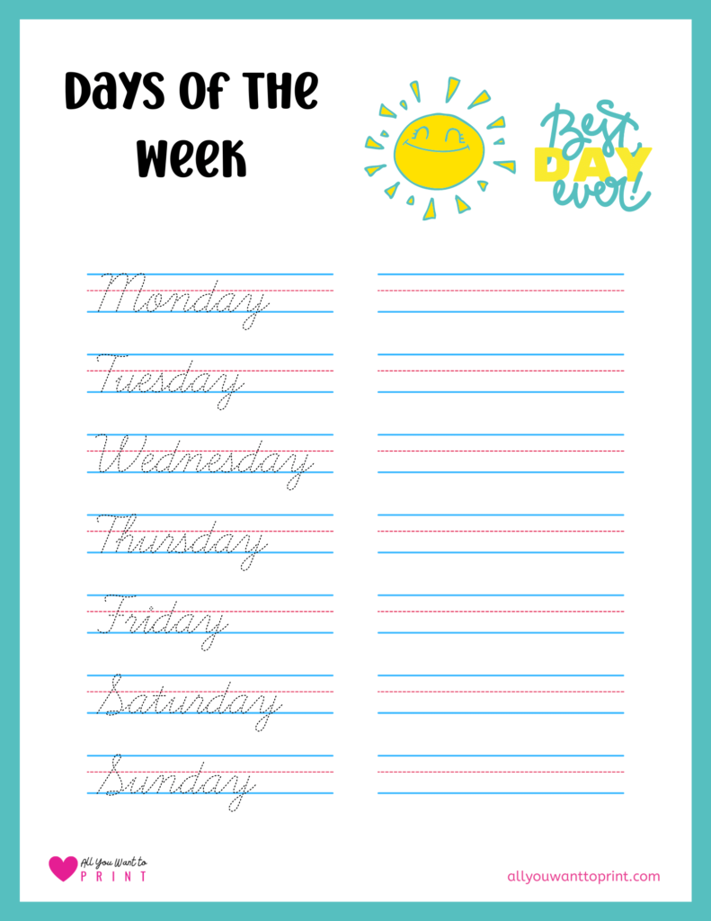 days of the week cursive handwriting practice in red blue lines
