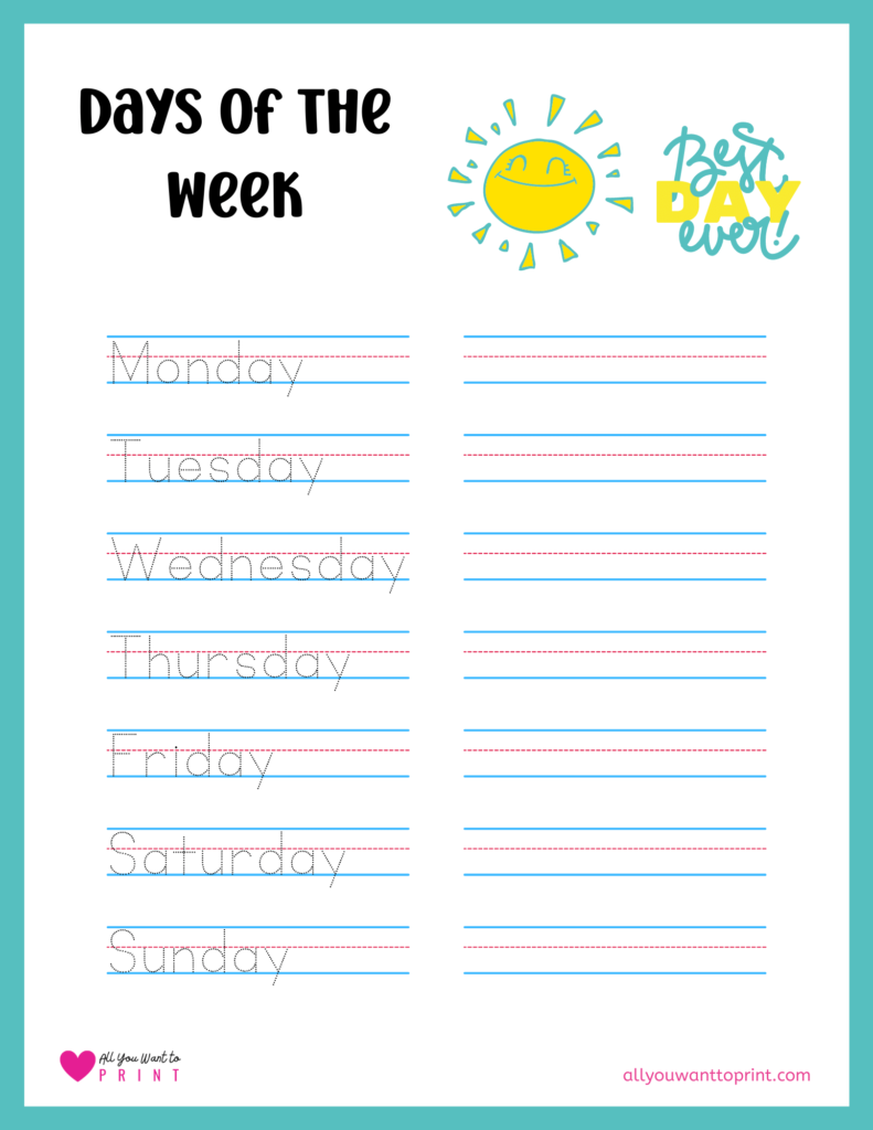 days of the week handwriting practice regular normal print in red blue lines
