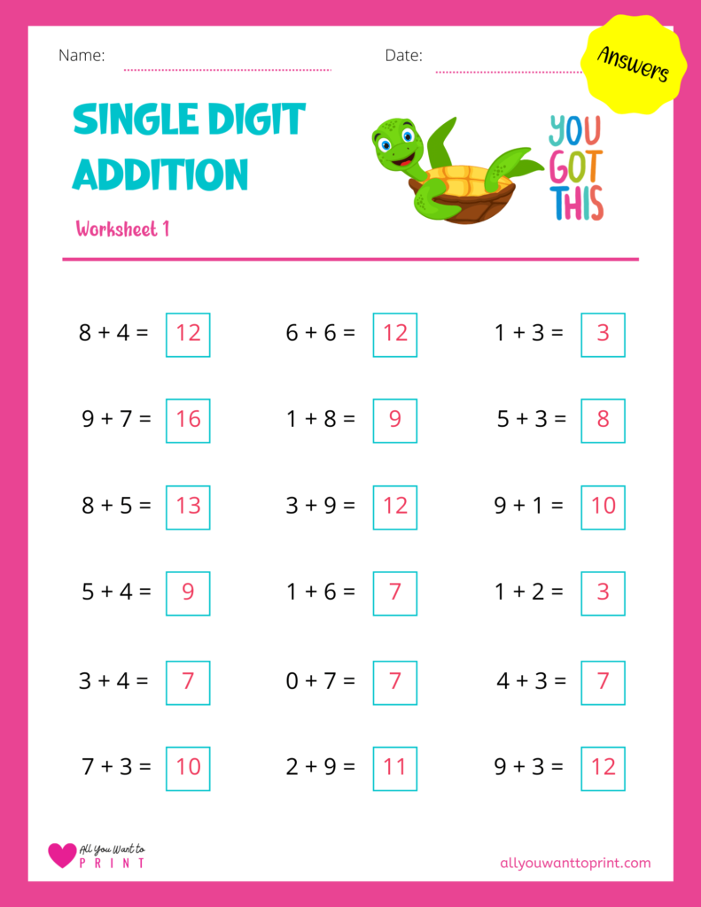 free math single digit addition worksheet answers 1