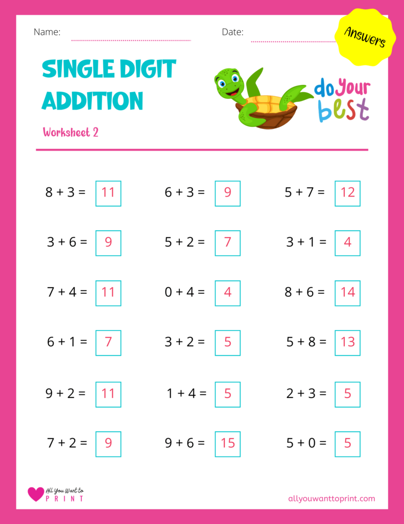 free math single digit addition worksheet answers 2