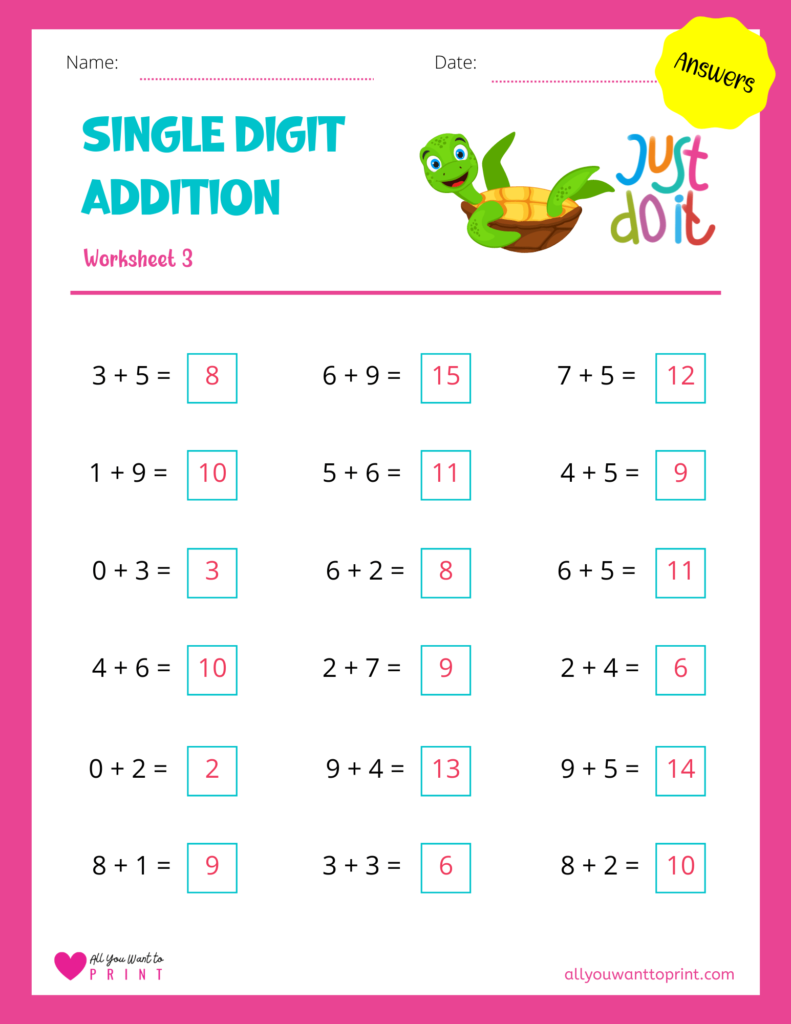 free math single digit addition worksheet answers 3