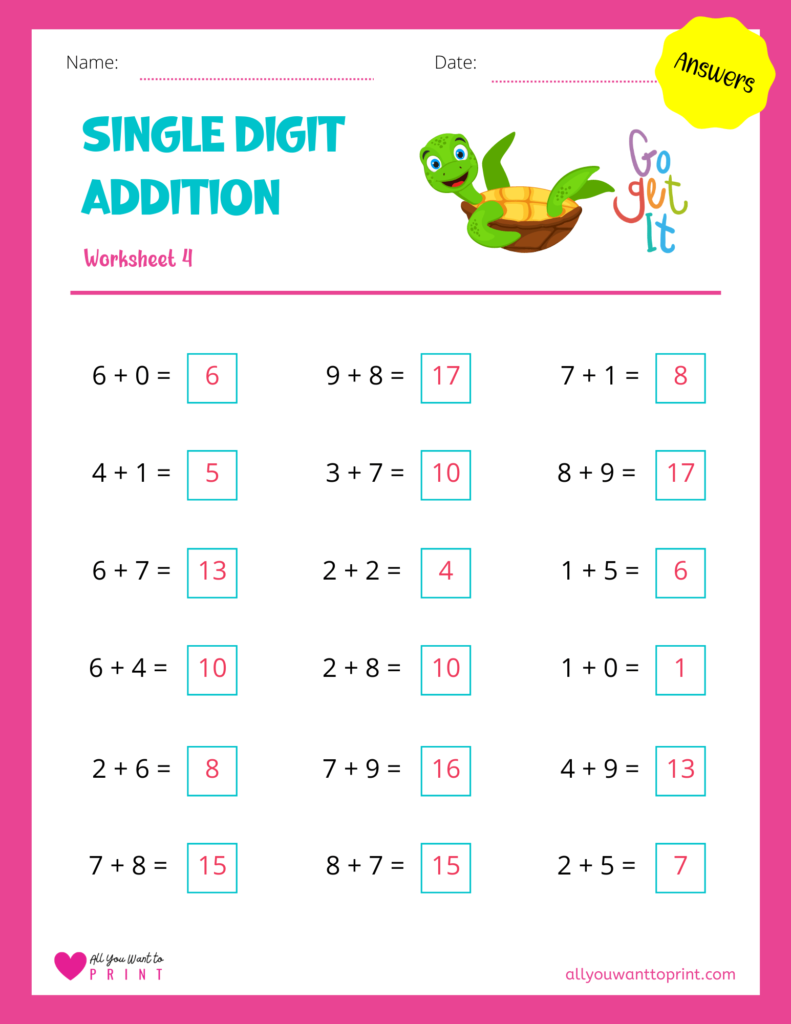 free math single digit addition worksheet answers 4