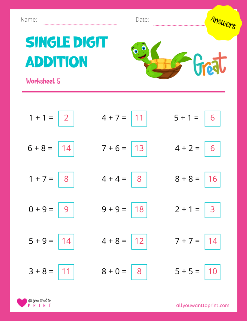 free math single digit addition worksheet answers 5