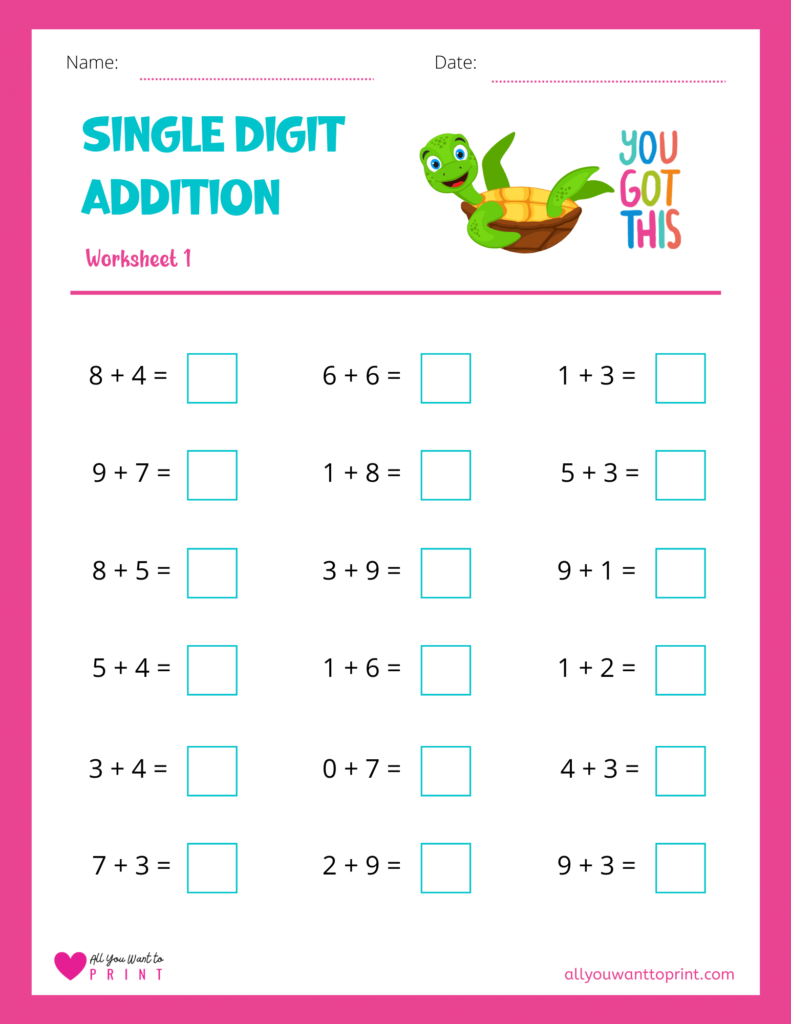 free math single digit addition worksheet 1
