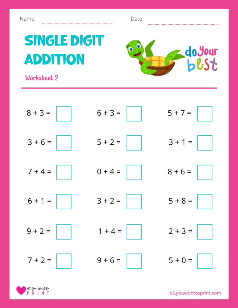 free math single digit addition worksheet 2