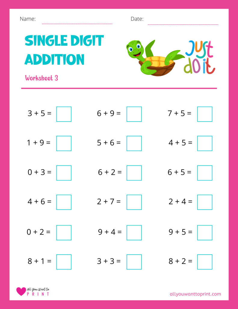 free math single digit addition worksheet 3