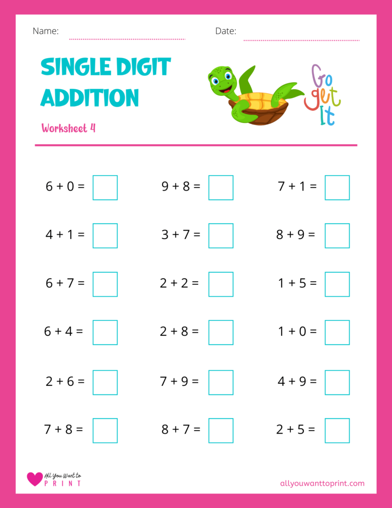 free math single digit addition worksheet 4