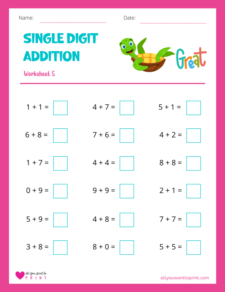 free math single digit addition worksheet 5