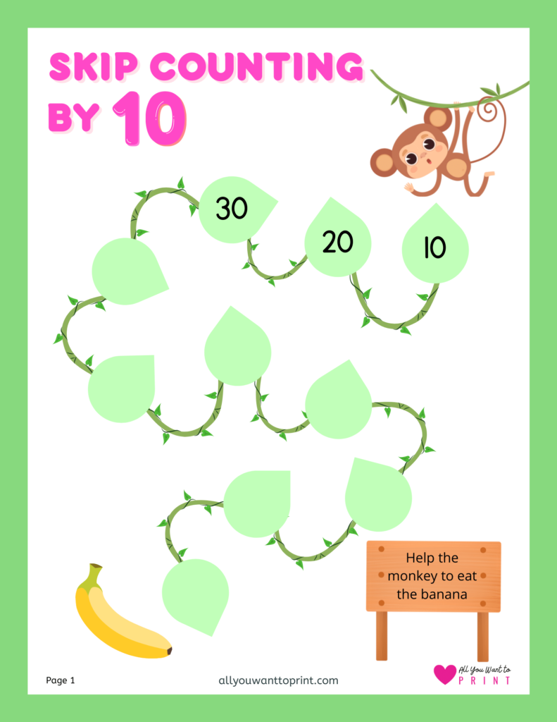 skip counting by 10 free math worksheets printable pdf download for kindergarten, first, second, third grade elementary kids and homeschooling