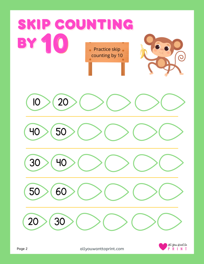 skip counting by 10 free math worksheets printable pdf download for kindergarten, first, second, third grade elementary kids and homeschooling