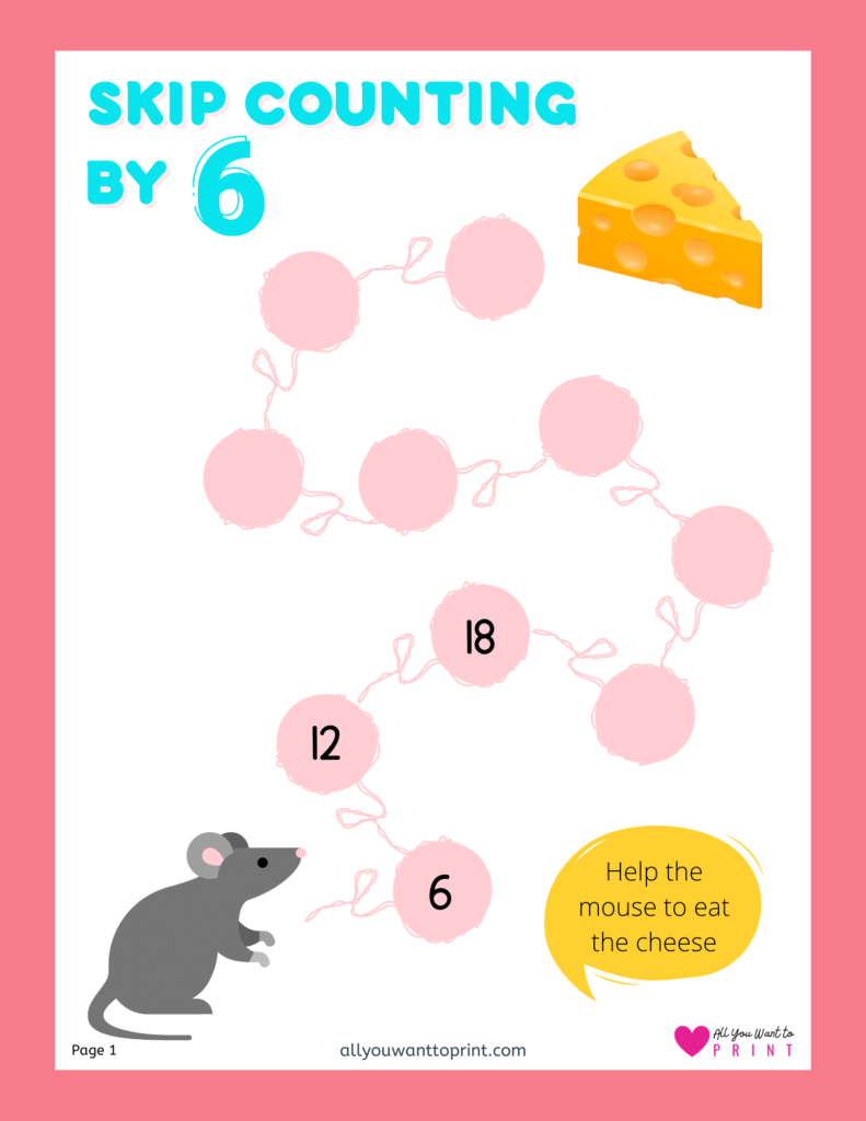 skip counting by 6 free math worksheets printable pdf download for kindergarten, first, second grade elementary kids and homeschooling