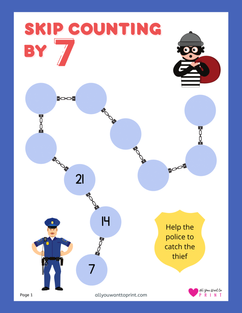 skip counting by 7 free math worksheets printable pdf download for kindergarten, first, second, third grade elementary kids and homeschooling
