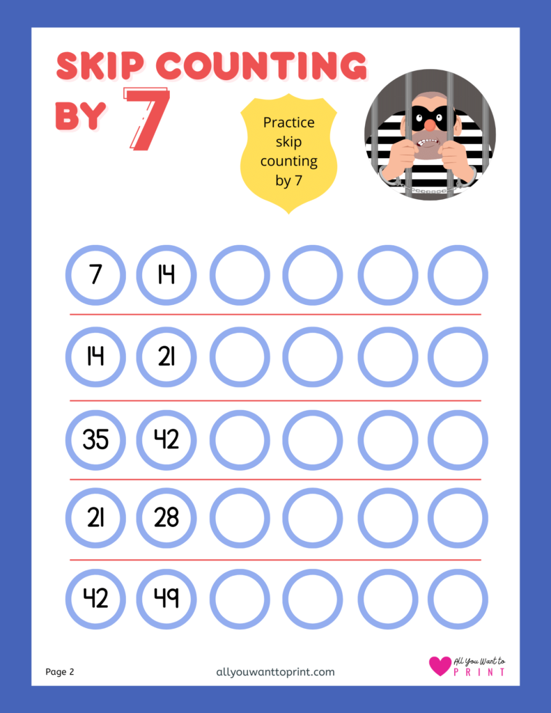 skip counting by 7 free math worksheets printable pdf download for kindergarten, first, second, third grade elementary kids and homeschooling