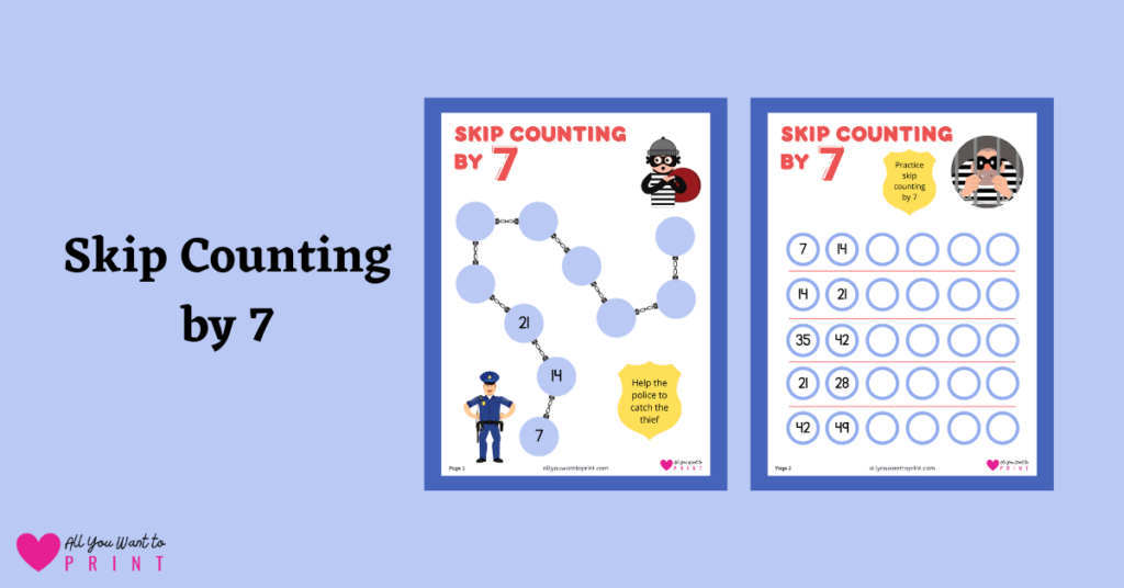 skip counting by 7 free math worksheets printable pdf download for kindergarten, first, second, third grade elementary kids and homeschooling