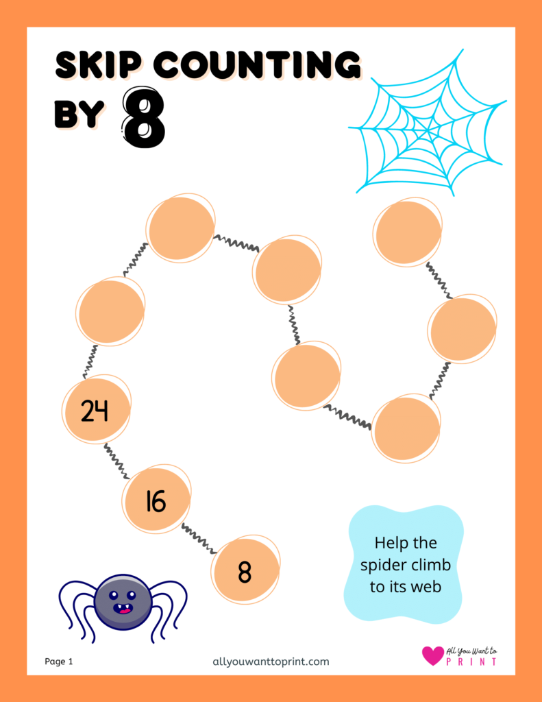 spider skip counting by 8 free math worksheets printable pdf download for kindergarten, first, second, third grade elementary kids and homeschooling