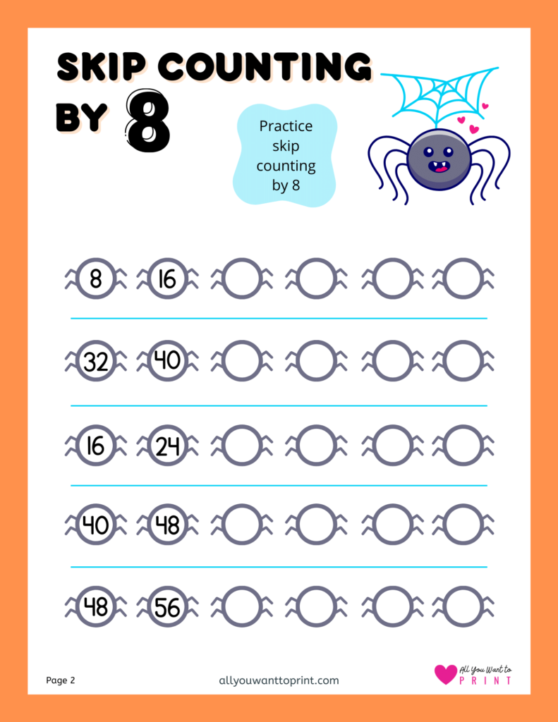 spider skip counting by 8 free math worksheets printable pdf download for kindergarten, first, second, third grade elementary kids and homeschooling