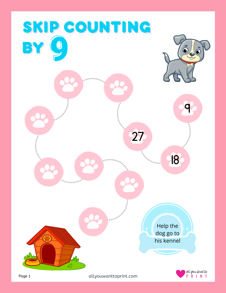 skip counting by 9 free math worksheets printable pdf download for kindergarten, first, second, third grade elementary kids and homeschooling