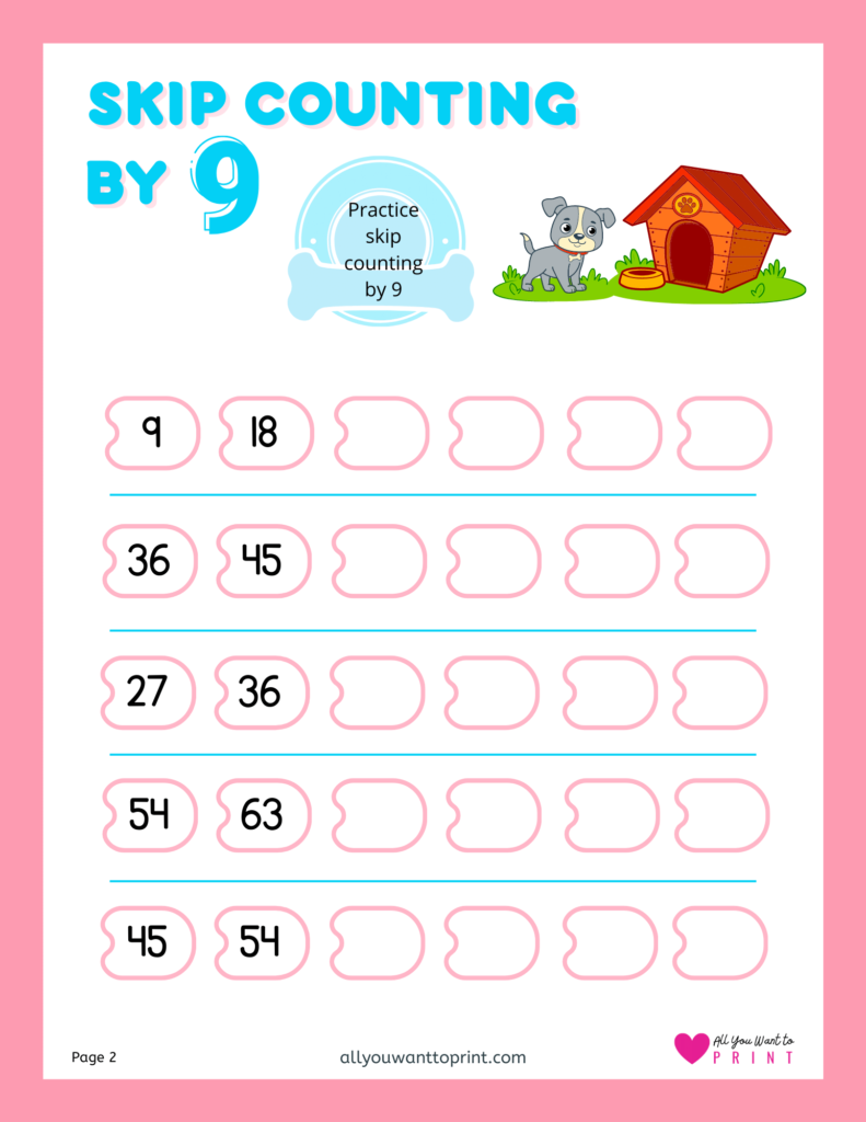 skip counting by 9 free math worksheets printable pdf download for kindergarten, first, second, third grade elementary kids and homeschooling