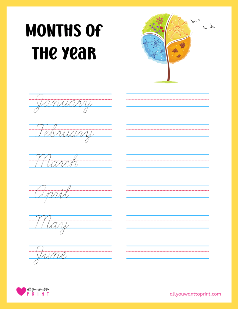 months of the year cursive handwriting practice worksheet page 1