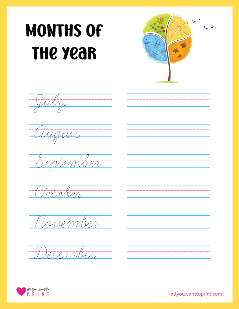 Months Of The Year Handwriting Practice Regular Cursive