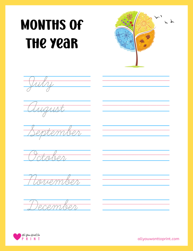 months of the year cursive handwriting practice worksheet page 2