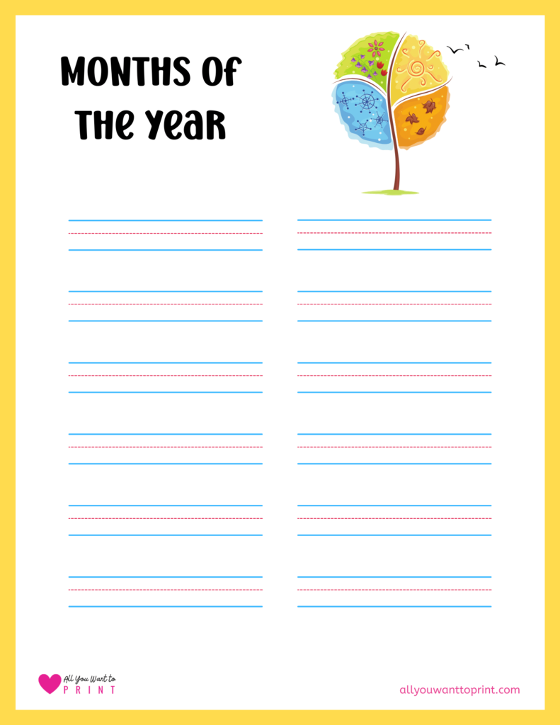 months of the year handwriting practice worksheet blank red blue lines template