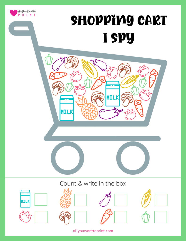 shopping cart i spy counting worksheet for preschool, kindergarten, first grade, second grade kids, homeschooling