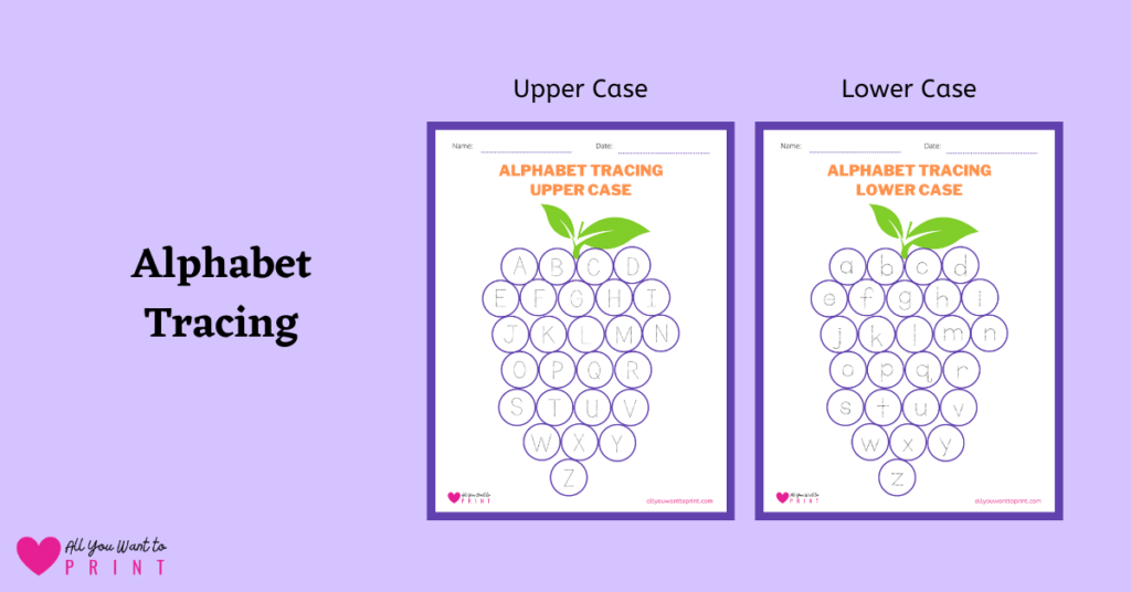 upper case and lower case alphabet abc tracing free printable worksheet grape theme