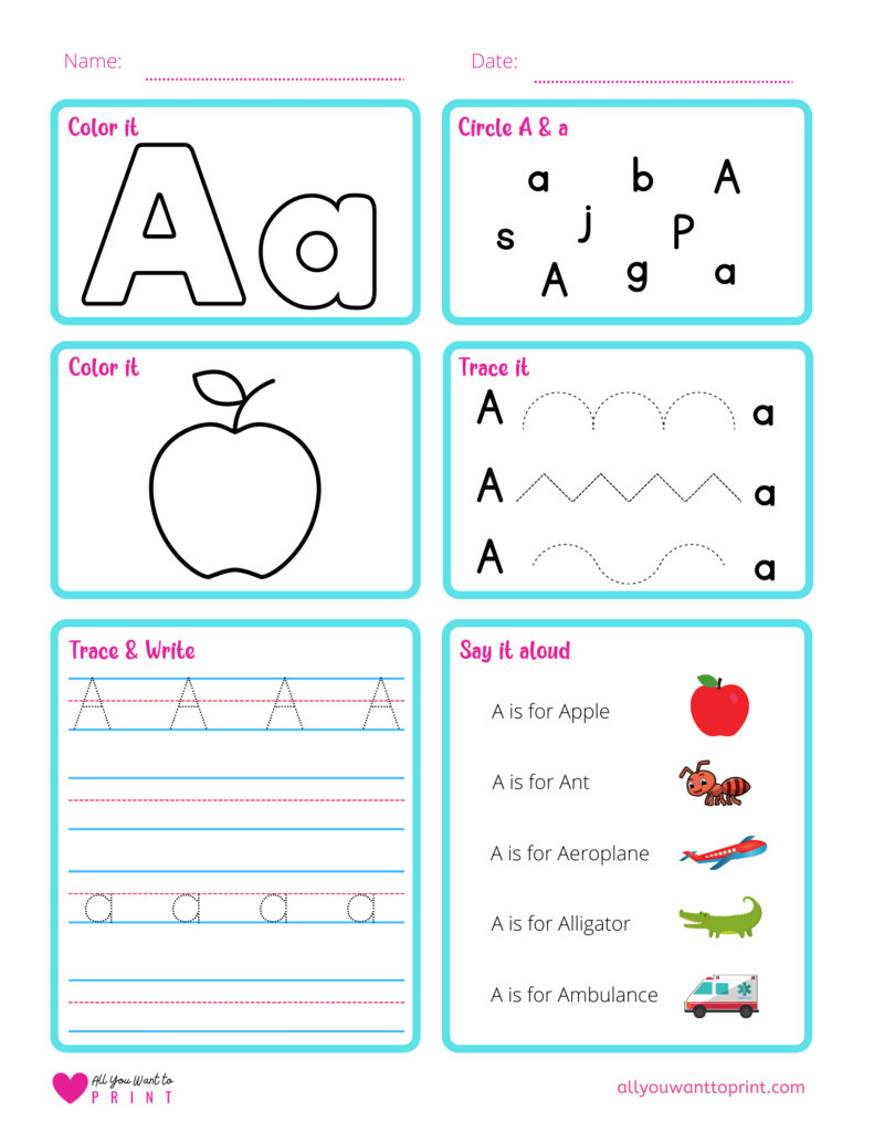 alphabet letter a worksheet pdf for preschool, kindergarten, homeschool kids