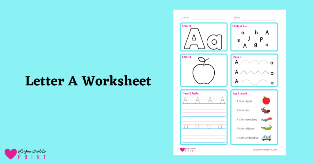 alphabet letter a worksheet printable for preschool, kindergarten, homeschool kids