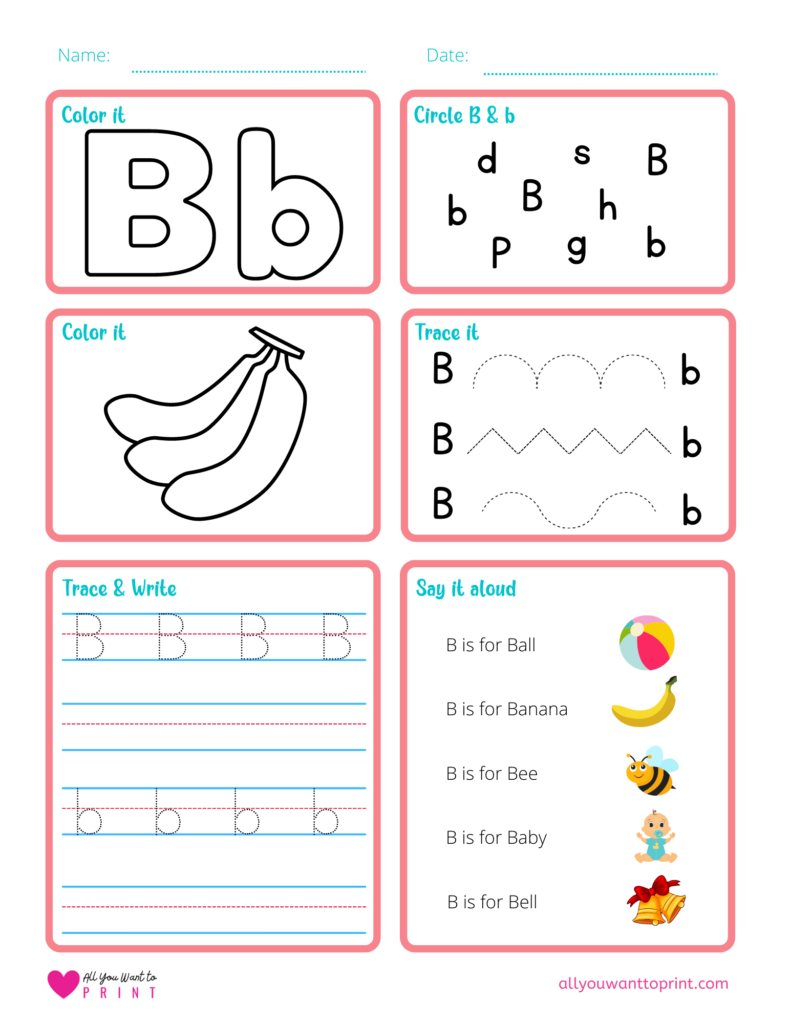 alphabet letter b worksheet pdf for preschool, kindergarten, homeschool kids