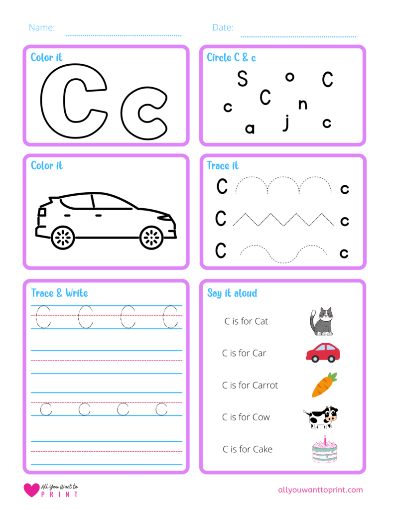 alphabet letter c worksheet pdf for preschool, kindergarten, homeschool kids