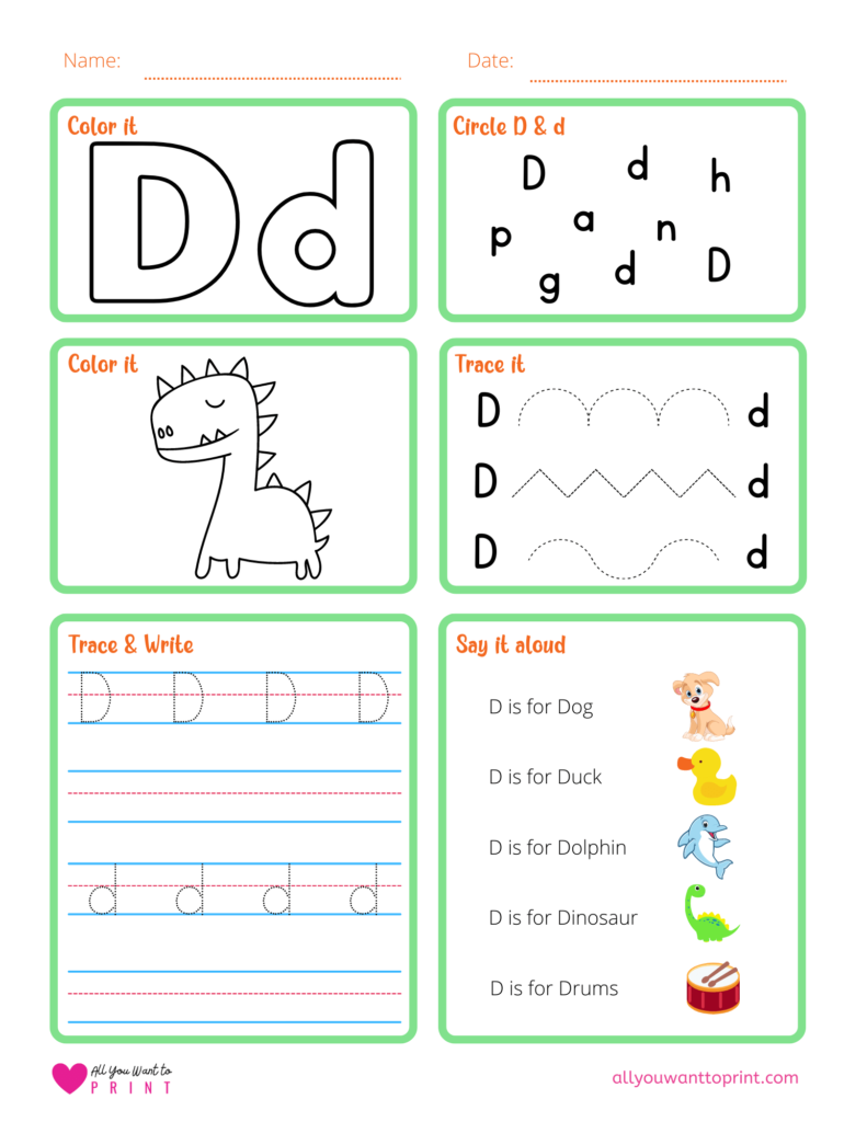 alphabet letter d worksheet pdf for preschool, kindergarten, homeschool kids