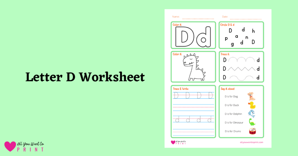 alphabet letter d worksheet printable for preschool, kindergarten, homeschool kids