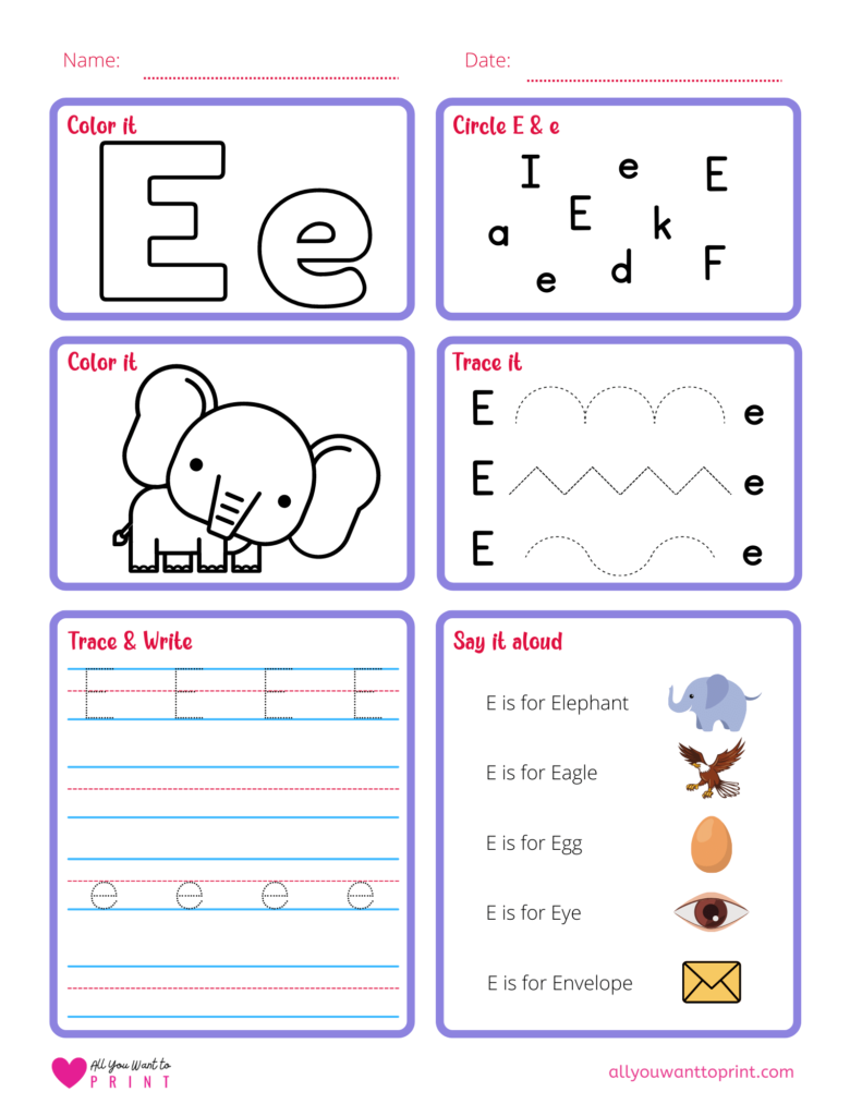 alphabet letter e worksheet pdf for preschool, kindergarten, homeschool kids