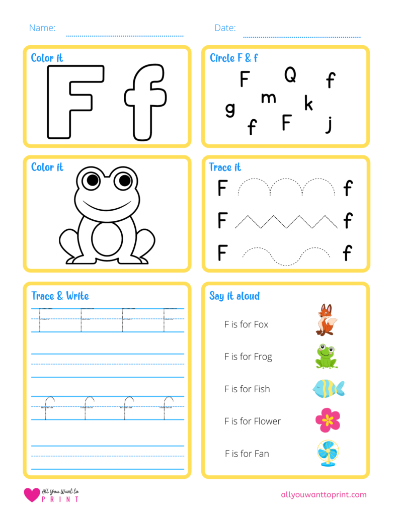 alphabet letter f worksheet pdf for preschool, kindergarten, homeschool kids