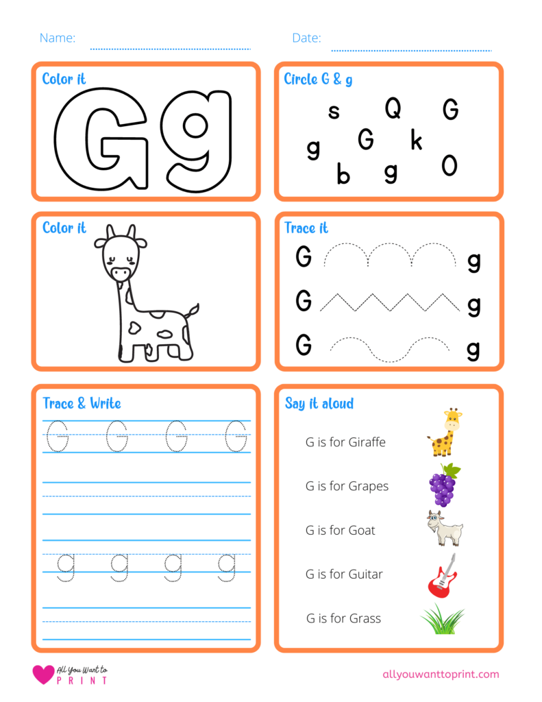 alphabet letter g worksheet pdf for preschool, kindergarten, homeschool kids