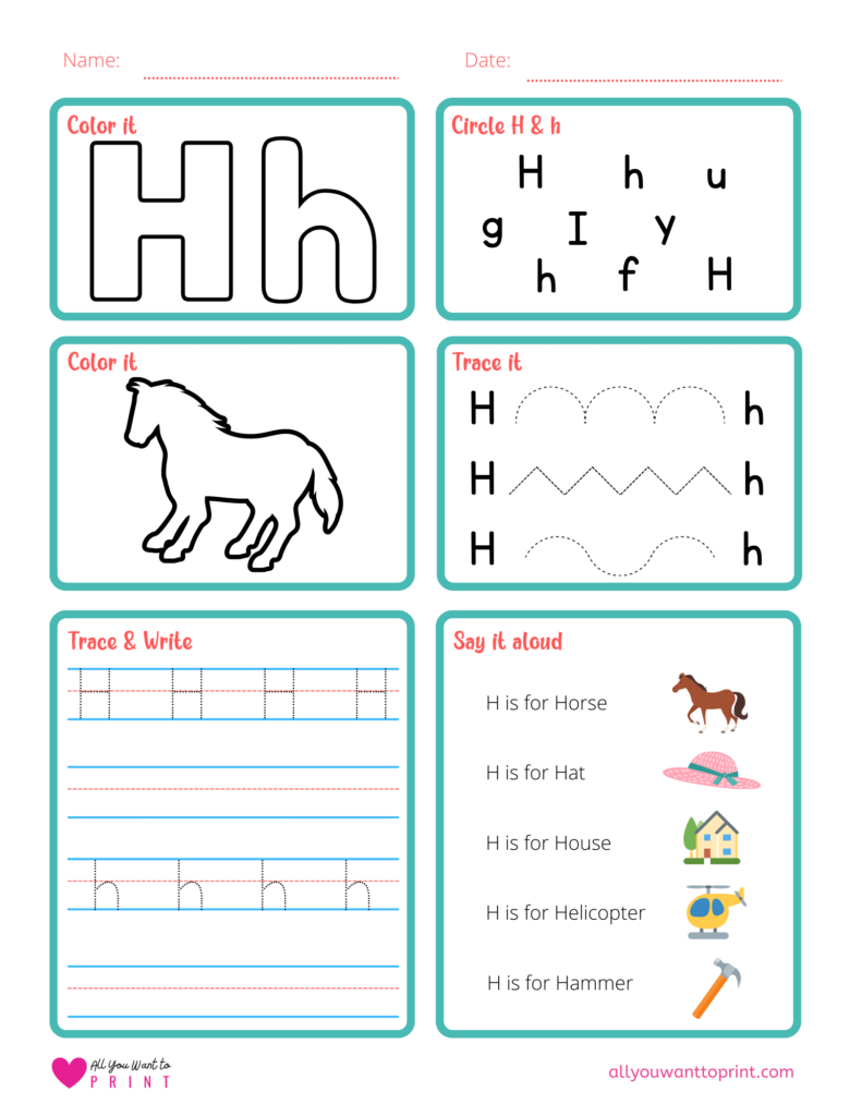 alphabet letter h worksheet pdf for preschool, kindergarten, homeschool kids