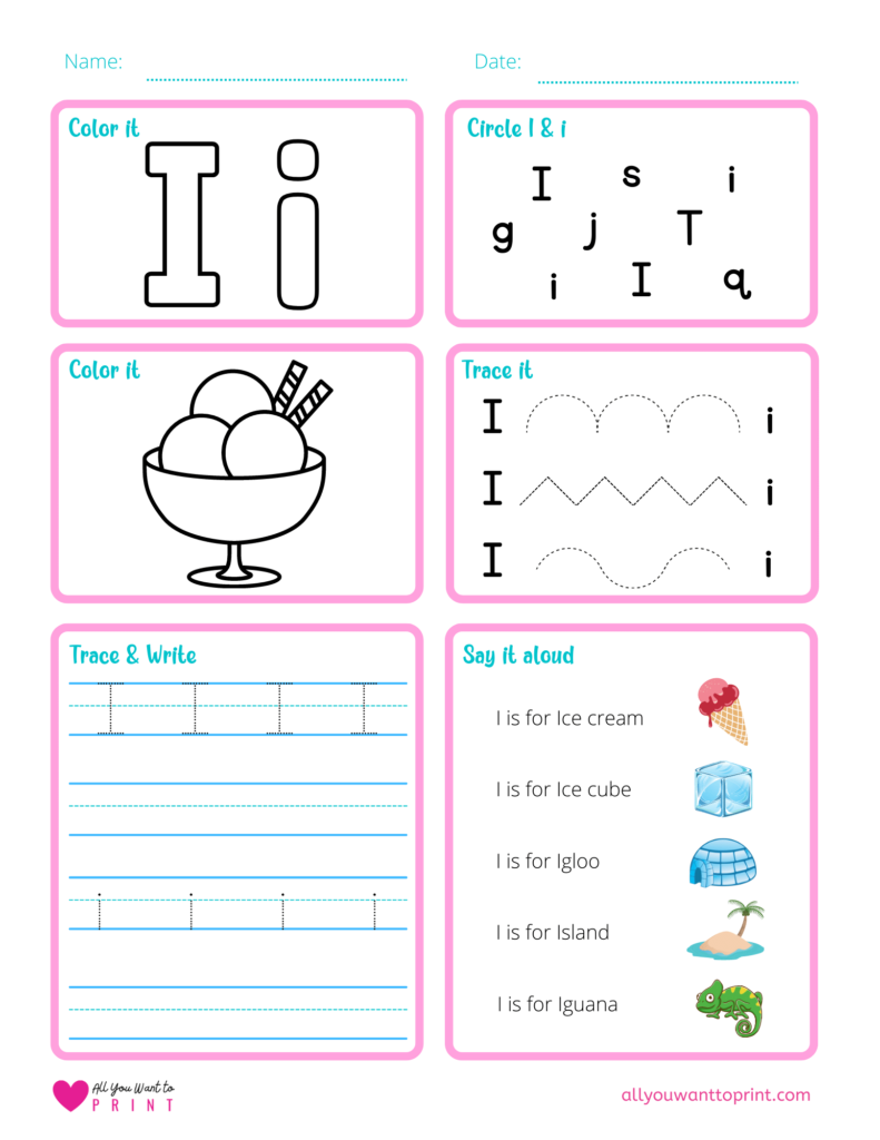 alphabet letter i worksheet pdf for preschool, kindergarten, homeschool kids