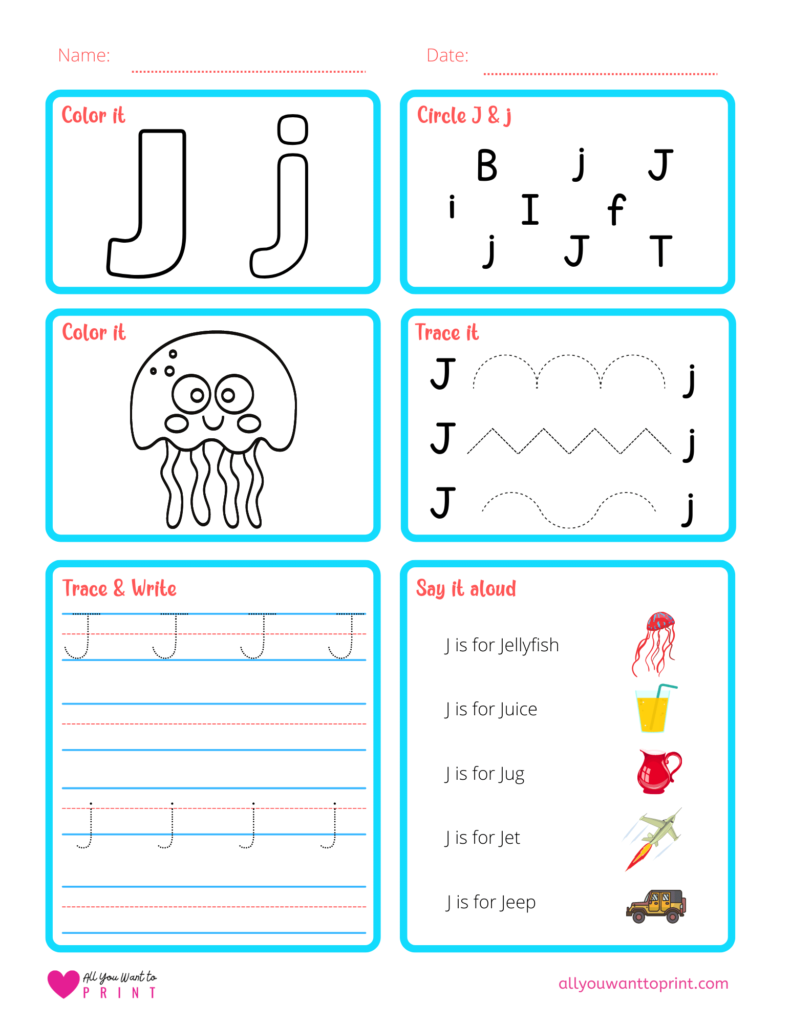 alphabet letter j worksheet pdf for preschool, kindergarten, homeschool kids