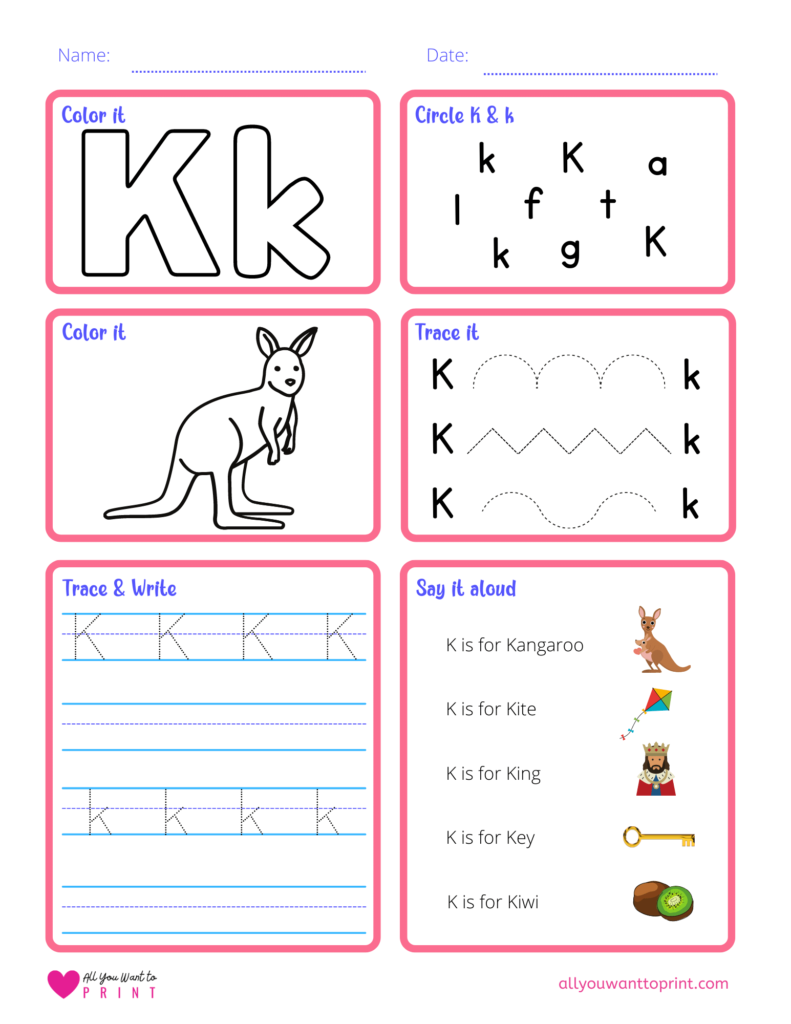 alphabet letter k worksheet pdf for preschool, kindergarten, homeschool kids