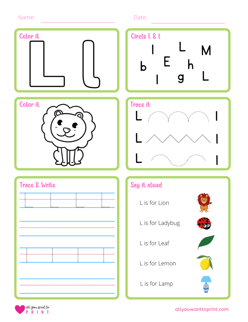 alphabet letter l worksheet pdf for preschool, kindergarten, homeschool kids