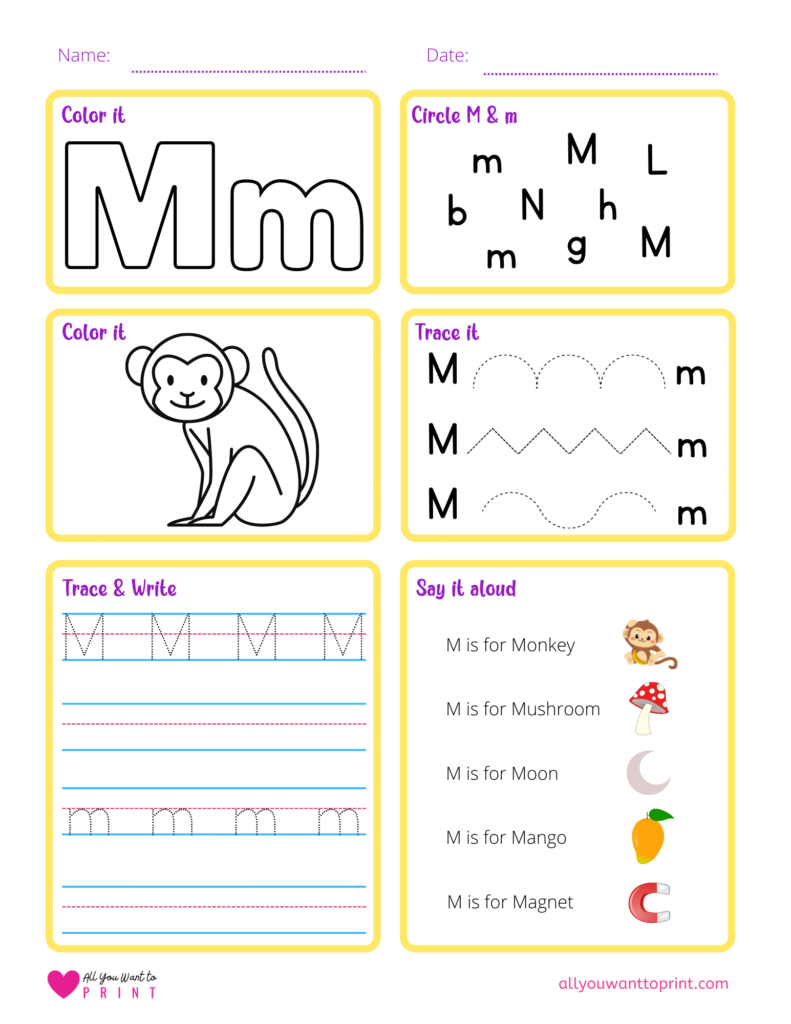 alphabet letter m worksheet pdf for preschool, kindergarten, homeschool kids