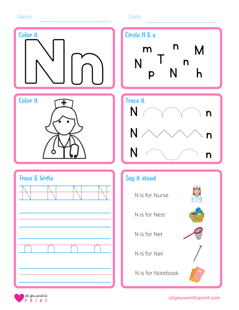 alphabet letter n worksheet pdf for preschool, kindergarten, homeschool kids