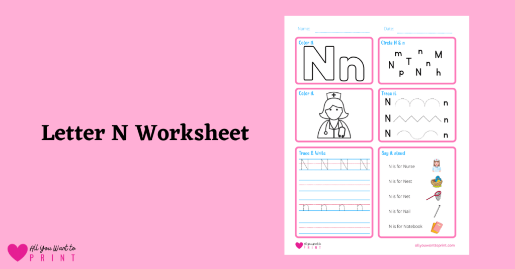 alphabet letter n worksheet printable for preschool, kindergarten, homeschool kids